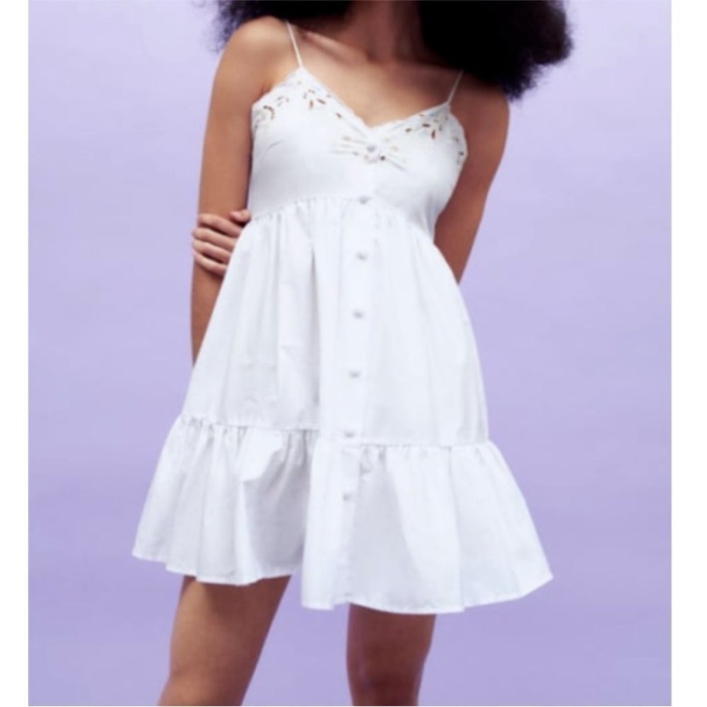 Zara Spaghetti Strap Embroidered Poplin Dress White Floral